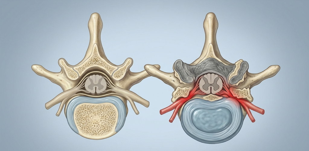 spinal canal narrowing from stenosis compressing nerve roots