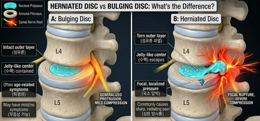 comparison of herniated disc versus bulging disc in lumbar spine