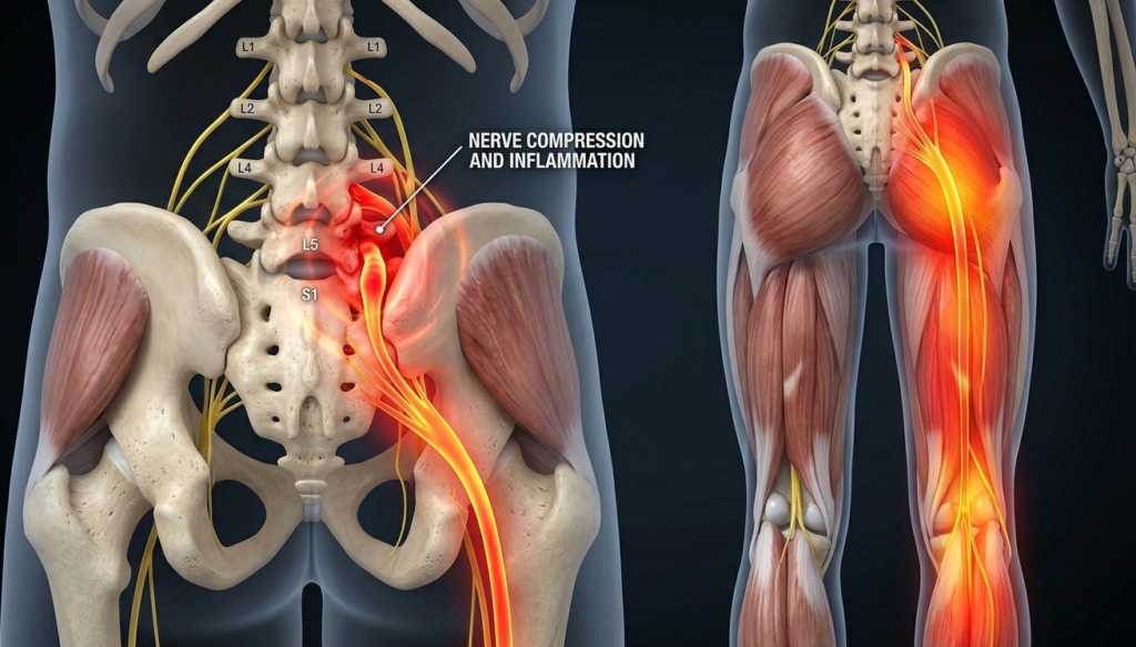 sciatic nerve pathway showing SI joint and piriformis muscle as pain source