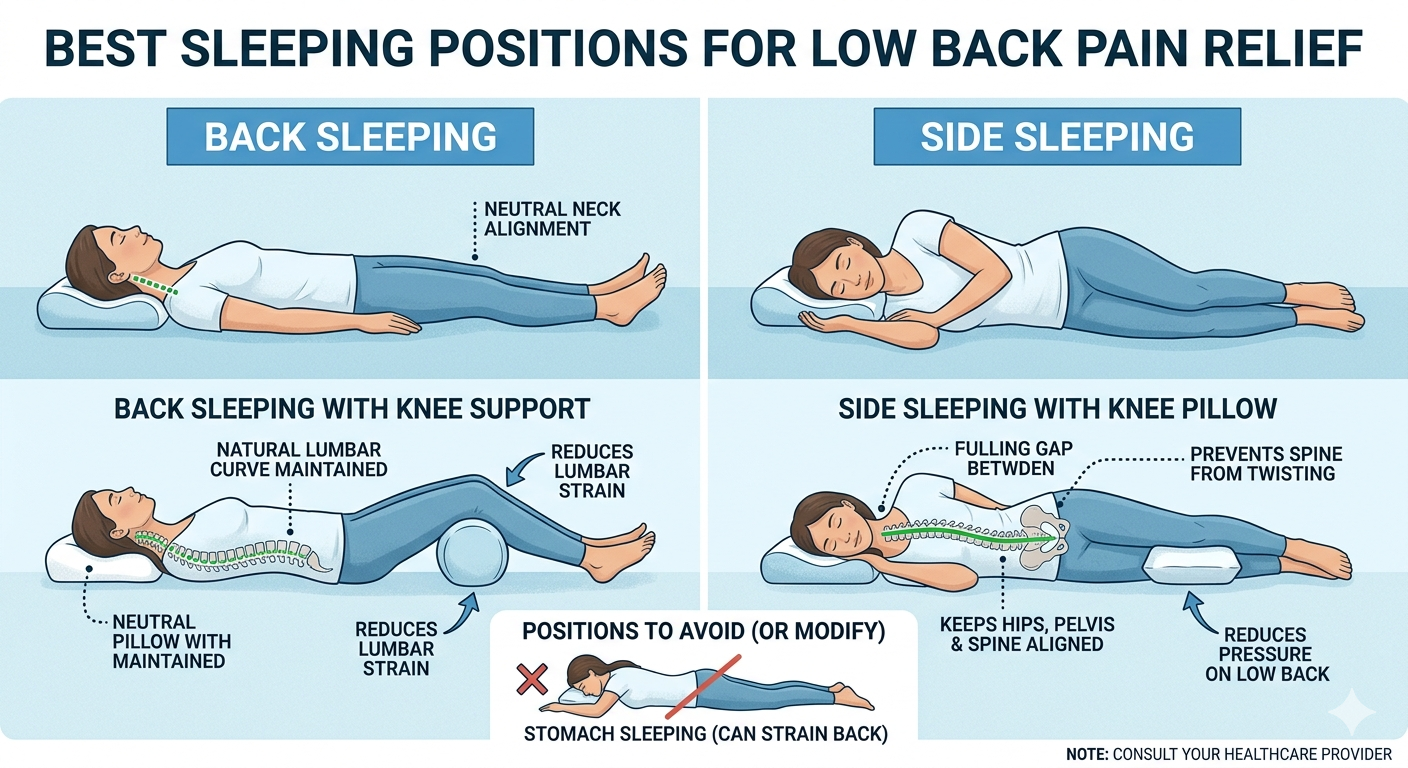 correct sleeping position for back pain with pillow support under knees