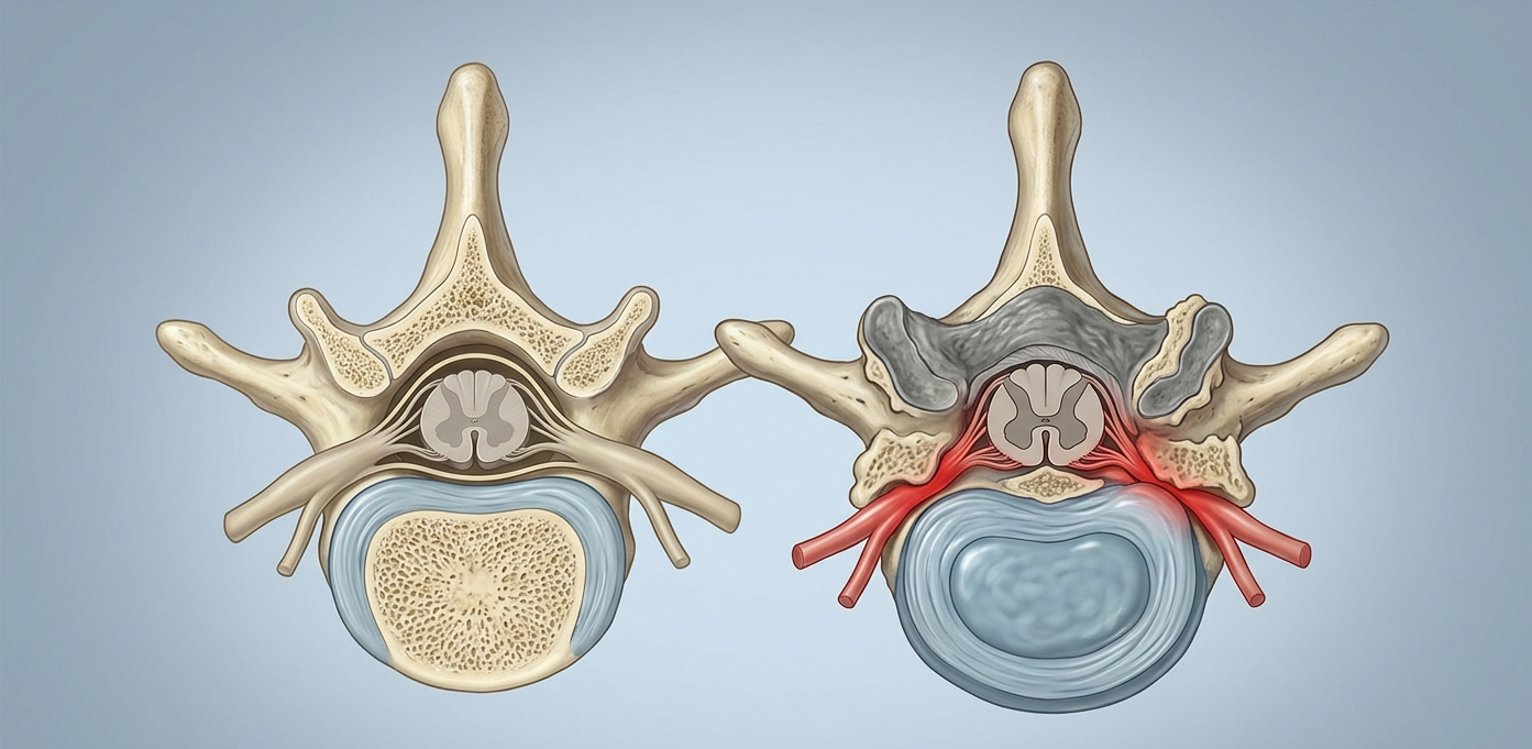 spinal canal narrowing from stenosis compressing nerve roots